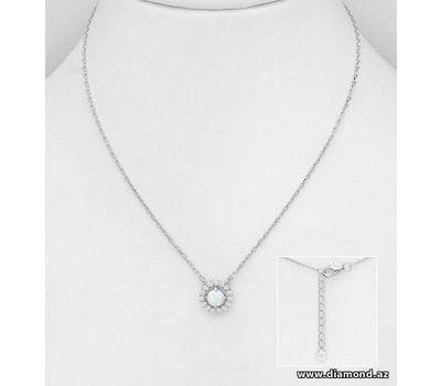 925 Sterling Silver Halo Necklace, Decorated with CZ Simulated Diamonds and Lab-Created Opal