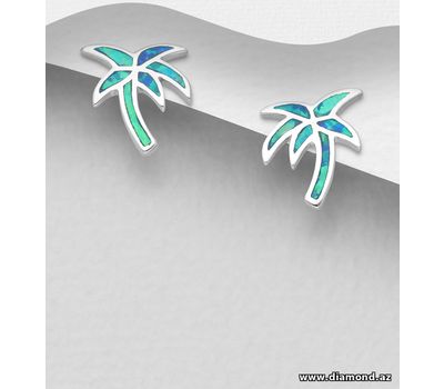 925 Sterling Silver Coconut Tree Push-Back Earrings Decorated With Lab-Created Opal