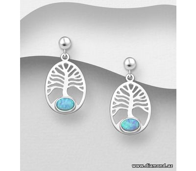 925 Sterling Silver Tree Of Life Push-Back Earrings Decorated With Lab-Created Opal