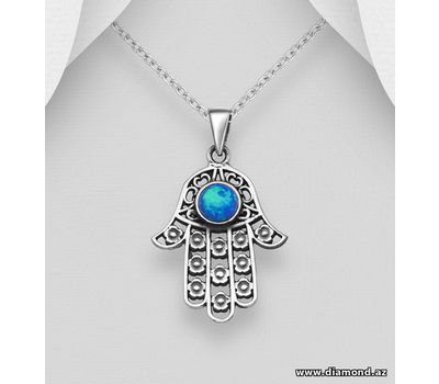 925 Sterling Silver Oxidized Hamsa Pendant Decorated With Lab-Created Opal