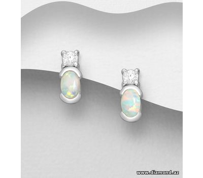 925 Sterling Silver Earrings Decorated With CZ & Lab-Created Opal