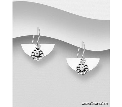 925 Sterling Silver Flower Hook Earrings, Decorated with Crystal Glass