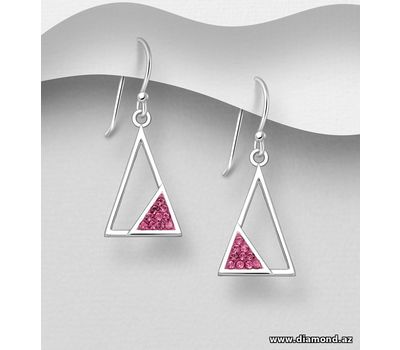 925 Sterling Silver Triangle Hook Earrings, Decorated with Crystal Glass