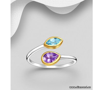 925 Sterling Silver Adjustable Ring, Decorated with Amethyst and Swiss Blue Topaz, Plating with 1 Micron 18K Yellow Gold