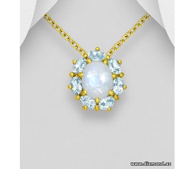 925 Sterling Silver Oval Pendant, Decorated with Rainbow Moonstone and Sky-Blue Topaz, Plated with 1 Micron 18K Yellow Gold
