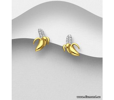 925 Sterling Silver Banana Push-Back Earrings, Decorated with CZ Simulated Diamonds, Plating with 1 Micron 18K Yellow Gold