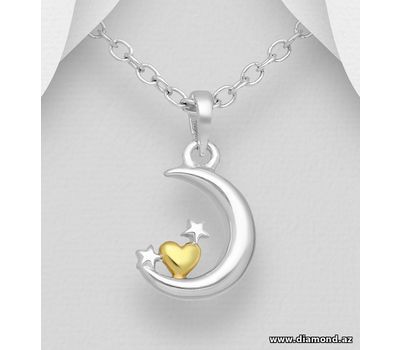925 Sterling Silver Moon, Star and Heart Pendant. Heart Plated with 1 Mircron 18k Yellow Gold