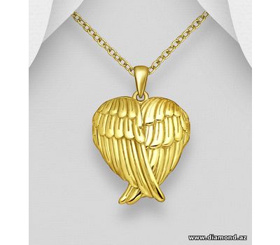 925 Sterling Silver Heart Angel Wings Locket Pendant, Plated with 1 Micron 18K Yellow Gold