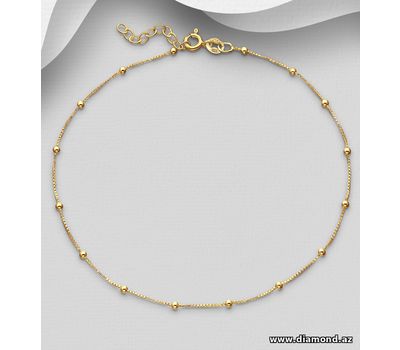 ITALIAN DELIGHT – 925 Sterling Silver Ball Anklet, Plated with 0.5 Micron 18K Yellow Gold, Made in Italy.
