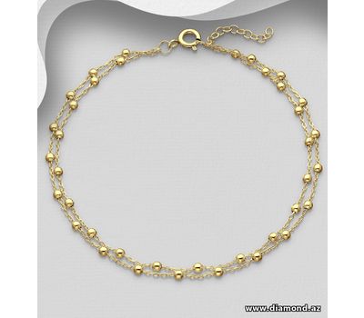 925 Sterling Silver Ball Layered Anklet, Plated with 1 Micron 14K Yellow Gold