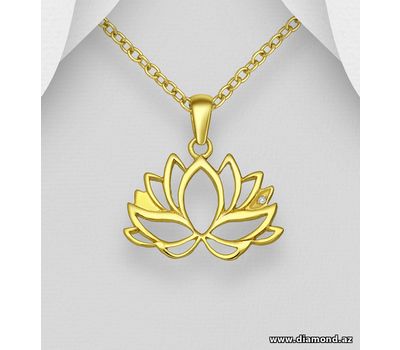 925 Sterling Silver Lotus Pendant Decorated with CZ Simulated Diamond, plated with 1 Micron 18K Yellow Gold