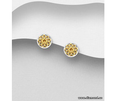 925 Sterling Silver Flower Push-Back Earrings, Plated with 1 Micron 14K or 18K Yellow Gold