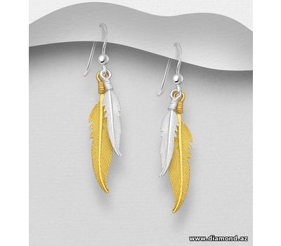 925 Sterling Silver Feathers Hook Earrings, Feather Plated with 1 Micron 18K Yellow Gold