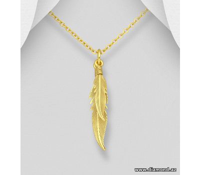 925 Sterling Silver Feather pendant, Plated with 1 Micron 14K or 18K Yellow Gold