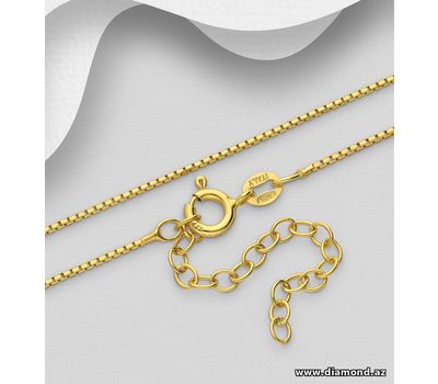 ITALIAN DELIGHT – 925 Sterling Silver Box Chain, Plated with 0.5 Micron 18K Yellow Gold, 1 mm Wide, Made in Italy.