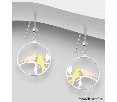 925 Sterling Silver Bird Hook Earrings, Birds Plated with 1 Micron 18K Yellow Gold or Pink Gold