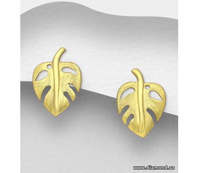 925 Sterling Silver Matt Leaf Push-Back Earrings, Plated with 1 Micron 14K Yellow Gold