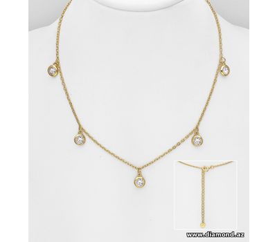 925 Sterling Silver Dangle Necklace Decorated with CZ Simulated Diamonds, Plated with 1 Micron 18K Yellow Gold