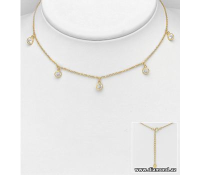 925 Sterling Silver Dangle Choker Decorated with CZ Simulated Diamonds, Plated with 1 Micron 18K Yellow Gold