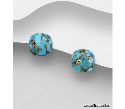 Desire by 7K - 925 Sterling Silver Push-Back Earrings, Decorated with Reconstructed Copper Turquoise and Plated with 0.3 Micron 18K Yellow Gold