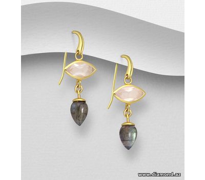 Malın səhifəsinə keç Desire by 7K - 925 Sterling Silver Hook Earrings, Decorated with Rose Quartz and Labradorite, Plated with 0.3 Micron 18K Yellow Gold