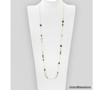 Desire by 7K - 925 Sterling Silver Long Necklace, Decorated with Lab-Created lolite, Lab-Created Sky-Blue Topaz, Green Amethyst and Labradorite, Plated with 0.3 Micron 18K Yellow Gold