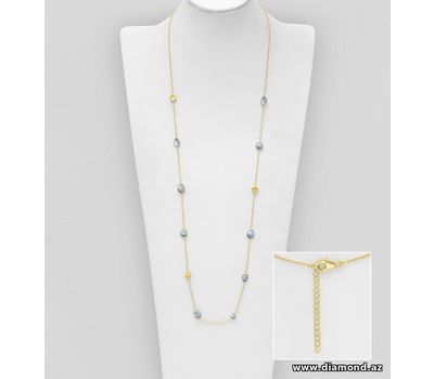 Desire by 7K - 925 Sterling Silver Long Necklace, Decorated with Light Chalcedony Jade, Plated with 0.3 Micron 18K Yellow Gold
