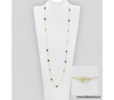Desire by 7K - 925 Sterling Silver Long Necklace, Decorated with Lab-Created Morganite, Grey Moonstone, Rainbow Moonstone and Strawberry Quartz, Plated with 0.3 Micron 18K Yellow Gold