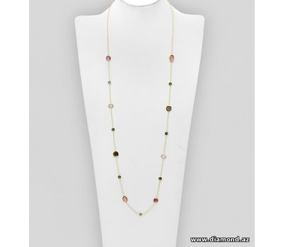 Desire by 7K - 925 Sterling Silver Long Necklace, Decorated with Lab-Created Pink Tourmaline, Grey Moonstone and Labradorite, Plated with 0.3 Micron 18K Yellow Gold