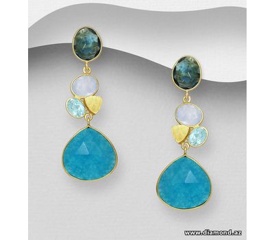 Desire by 7K - 925 Sterling Silver Push-Back Earrings, Decorated with Lab-Created lolite, Lab-Created Sky-Blue Topaz, Green White Jade and Light Chalcedony Jade. Plated with 0.3 Micron 18K Yellow Gold