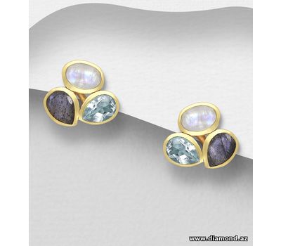 Desire by 7K - 925 Sterling Silver Push-Back Earrings, Decorated with Labradorite, Sky-Blue Topaz and Rainbow Moonstone, Plated with 0.3 Micron 18K Yellow Gold