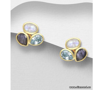 Şəkli böyütmək üçün tiklayın Desire by 7K - 925 Sterling Silver Push-Back Earrings, Decorated with Labradorite, Sky-Blue Topaz and Rainbow Moonstone, Plated with 0.3 Micron 18K Yellow Gold