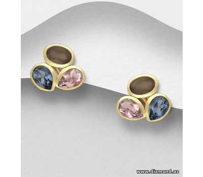 Şəkli böyütmək üçün tiklayın Desire by 7K - 925 Sterling Silver Push-Back Earrings, Decorated with Lab-Created Iolite, Lab-Created Rhodonite and Grey Moonstone, Plated with 0.3 Micron 18K Yellow Gold