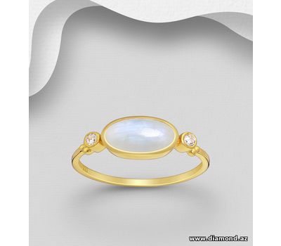 Desire by 7K - 925 Sterling Silver Ring, Decorated with Rainbow Moonstone and White Zircon, Plated with 0.3 Micron 18K Yellow Gold