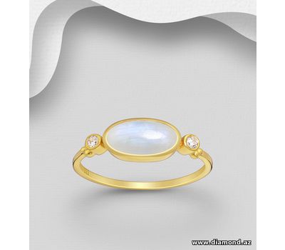 Şəkli böyütmək üçün tiklayın Desire by 7K - 925 Sterling Silver Ring, Decorated with Rainbow Moonstone and White Zircon, Plated with 0.3 Micron 18K Yellow Gold