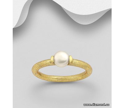 Desire by 7K - 925 Sterling Silver Ring, Decorated with Freshwater Pearl, Plated with 0.3 Micron 18K Yellow Gold