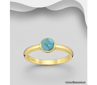 Desire by 7K - 925 Sterling Silver Ring, Decorated with Reconstructed Copper Turquoise, Plated with 0.3 Micron 18K Yellow Gold