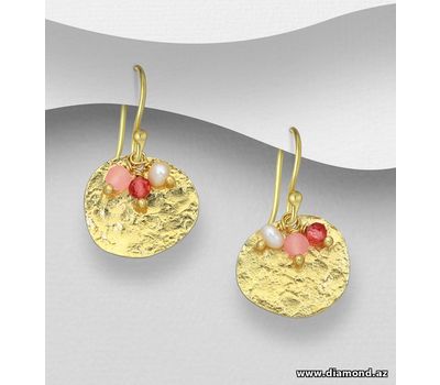 Desire by 7K - 925 Sterling Silver Hook Earrings, Decorated with Freshwater Pearl, Lab-Created Pink Tourmaline and Rose Quartz. Plated with 0.3 Micron 18K Yellow Gold