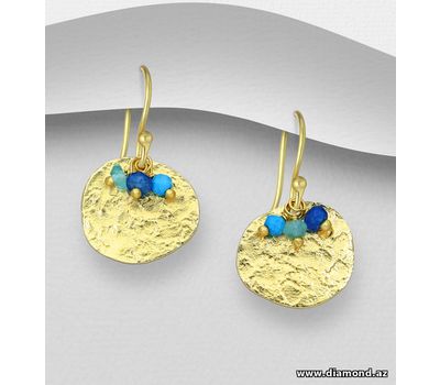 Desire by 7K - 925 Sterling Silver Hook Earrings, Beaded with Blue Jade, Apatite and Reconstructed Sky Blue Turquoise, Plated with 0.3 Micron 18K Yellow Gold