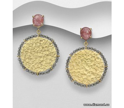Şəkli böyütmək üçün tiklayın Desire by 7K - 925 Sterling Silver Push-Back Earrings, Decorated with Labradorite and Strawberry Quartz, Plated with 0.3 Micron 18K Yellow Gold