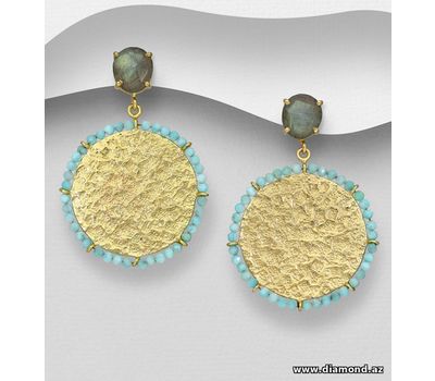Desire by 7K - 925 Sterling Silver Push-Back Earrings, Decorated with Amazonite and Labradorite, Plated with 0.3 Micron 18K Yellow Gold