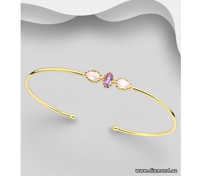 Desire by 7K - 925 Sterling Silver Cuff Bracelet, Decorated with Amethyst and Rose Quartz, Plated with 0.3 Micron 18K Yellow Gold