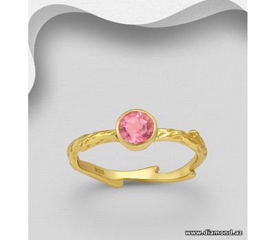 Desire by 7K - 925 Sterling Silver Ring, Decorated with Lab-Created Pink Tourmaline, Plated with 0.3 Micron 18K Yellow Gold