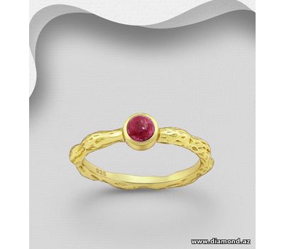 Desire by 7K - 925 Sterling Silver Ring, Decorated with Ruby, Plated with 0.3 Micron 18K Yellow Gold