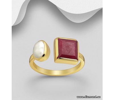 Desire by 7K - 925 Sterling Silver Adjustable Ring, Decorated with Ruby and Freshwater Pearl, Plated with 0.3 Micron 18K Yellow Gold