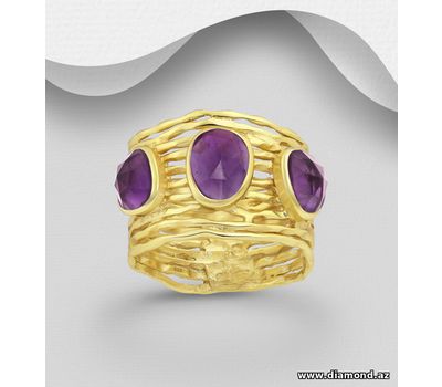 Desire by 7K - 925 Sterling Silver Ring, Decorated with Amethyst, Plated with 0.3 Micron 18K Yellow Gold