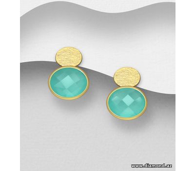 Desire by 7K - 925 Sterling Silver Push-Back Earrings, Decorated with Lab-Created Aqua Chalcedony, Plated with 0.3 Micron 18K Yellow Gold