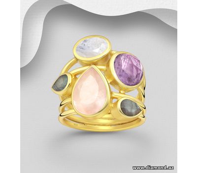 Desire by 7K - 925 Sterling Silver Ring, Decorated with Rainbow Moonstone, Amethyst, Labradorite, Rose Quartz, Plated with 0.3 Micron 18K
