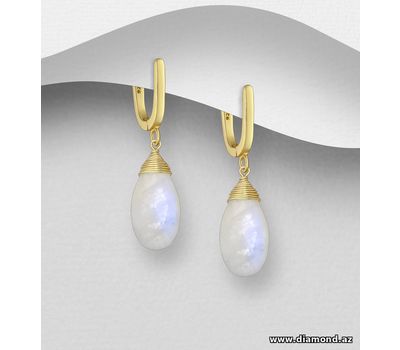 Desire by 7K - 925 Sterling Silver Droplet Push-Back Earrings, Beaded with Rainbow Moonstone, Plated with 0.3 Micron 18K Yellow Gold