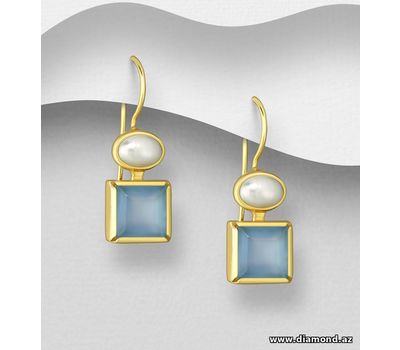 Desire by 7K - 925 Sterling Silver Square Hook Earrings, Decorated with Freshwater Pearl and Blue Chacedony, Plated with 0.3 Micron 18K Yellow Gold